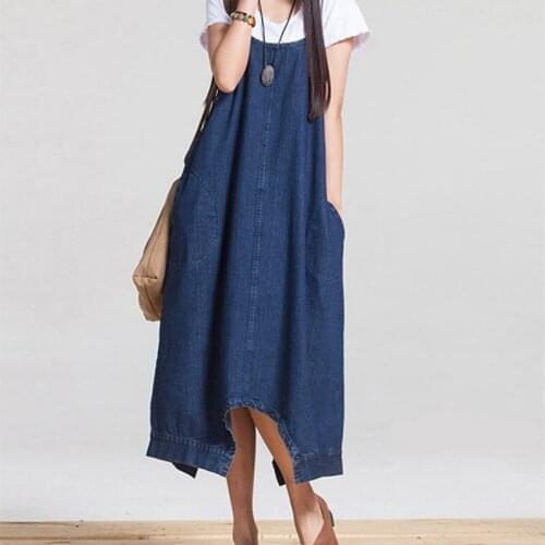 2019 Autumn Maternity Dresses Women Casual Irregular Wiht Big Pocket Jeans Dress Fashion Large Size Blue Denim Maxi Dress A065