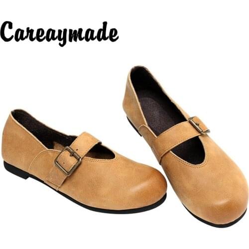 Careaymade-Popular Womens Shoes,Summer New Button Round-Headed Single Shoes Handmade Cowhide Leisure Skid-proof Lefu Shoes
