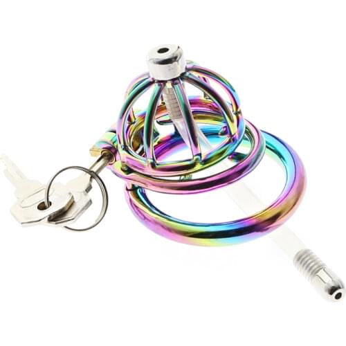 Rainbow Cock Cage With urethral catheter Stainless Steel Cock Ring Stealth Lock Chastity Cage Chastity Device