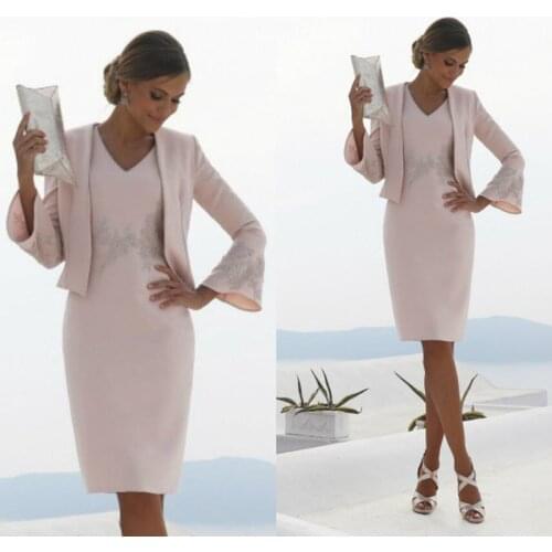 On Sale 2021 New Blush Two Pieces Mother of the Bride Dresses Knee Length V Neckline Appliqued Wedding Party Dresses with Jacket