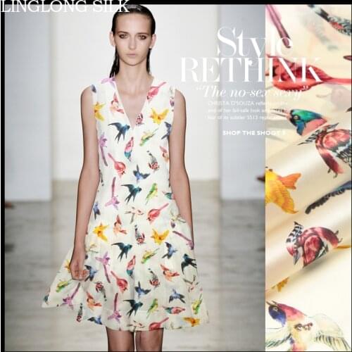 PRINT SILK ORGANZA SATIN FABRIC 14m/m Width 53"-135cm100%Mulberry Silk Organza Charmeuse Satin Fabric Animal Printed Fabric Bird