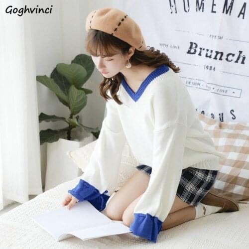 V-neck Knitted Women Pullovers Plus Size 3XL Flare Sleeve Sweet Preppy Loose Sweaters Trendy Patchwork Drawstring Lovely Sweater
