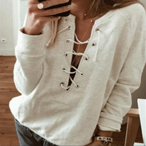 Hoodie Women Autumn Fashion Sexy Casual Piercing Lace-up Oversized Loose V-neck Fleece Long Sleeve Solid Color Ladies Hoodies
