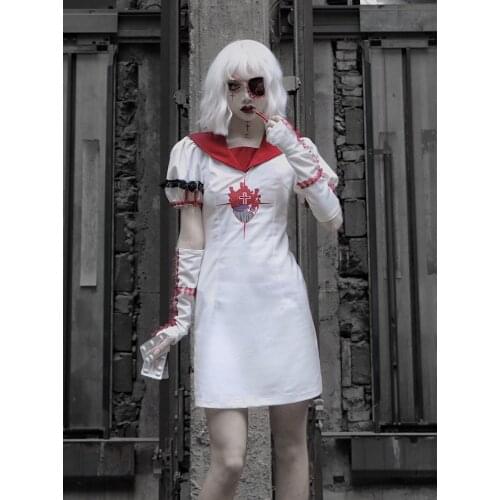Spring Summer Hot Girl Harajuku Gothic White Fashion Cross Embroidery Temperament Slim High Waist Sexy Sailor JK Dress