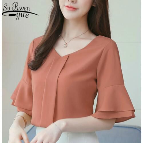 Women Tops Blouses 2021 Summer Chiffon Blouse Short Flare Sleeve Ladies Shirts Casual women shirt Tops Lady Shirt D643 25