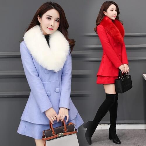 B 2019 Autumn Winter Long Wool Coat Women Ruffles Wool Blend Coat and Jacket Removable Fur Collar Wool Women Coat Outwear