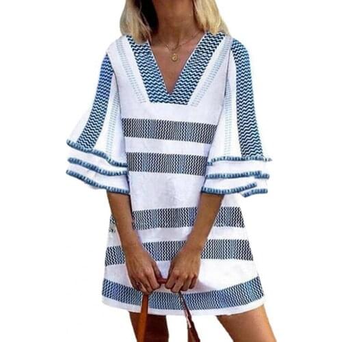 Women Dress multi-layer five-point flared sleeve Wave Pattern printing Loose 3 Colors Women V Neck Stripe Dress Summer 2021