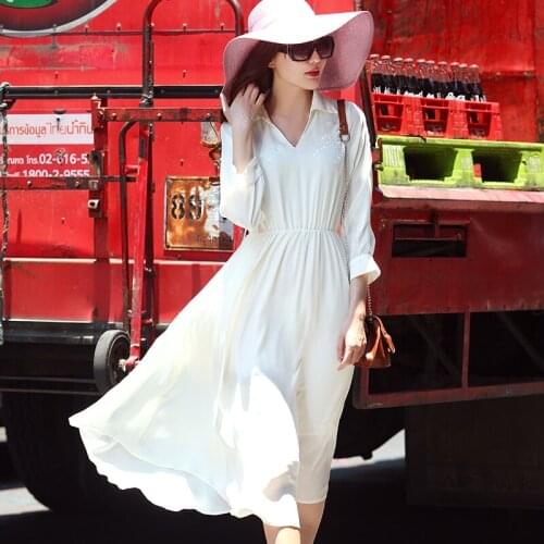 Customize Summer New Fashion Womens Casual Plus Size dress Sexy V Neck Turn-down Collar Maxi Long Chiffon Vestido Dresses