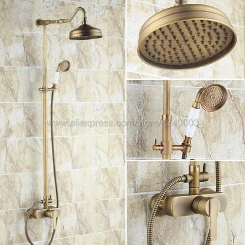 Antique Brass Rain Shower Set Faucet 8" Rainfall Shower Head W/ Hand Shower Spray Mixer Tap Wall Mounted Krs204