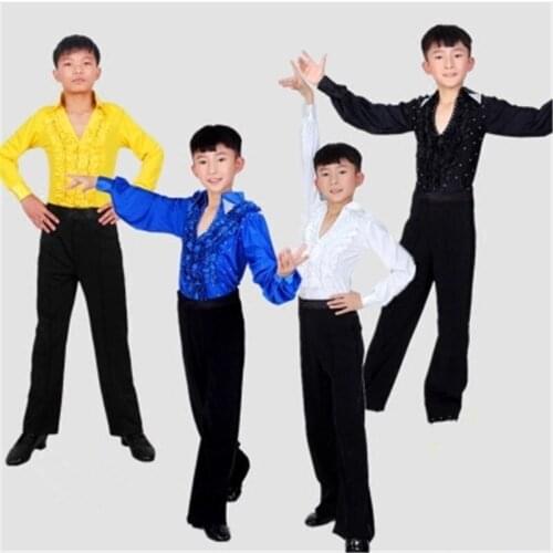 Free Shipping New kids Latin Dancewear Ruffly Blue White Black Ballroom Stage Modern Boys Latin Dance Costumes Clothes 2018