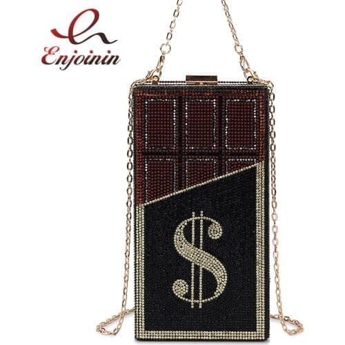Shiny Diamonds Money Evening Clutch Bags Chocolate Design Shoulder Bag Purse for Women New Elegant Small Square Dollar Chain Bag