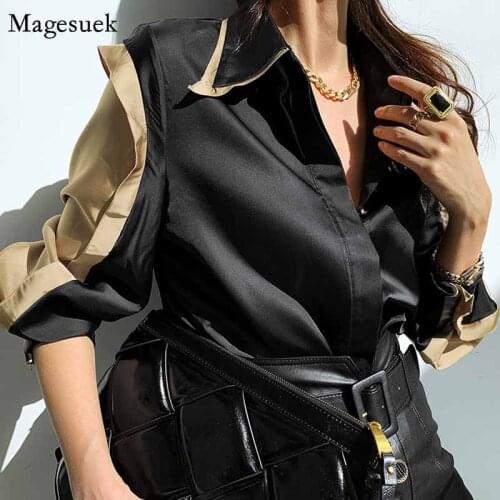 New Satin Silk Fashion Office Lady Color-block Women Shirts Button White Long Sleeve Female Clothing Lapel Blouse Women 12724