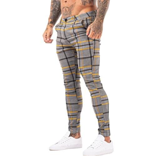 GINGTTO Men Chinos Trousers Skinny Super Stretch Chino Pants Slim Fit Mens Casual Pant Plaid Elastic Waist London Fashion zm397
