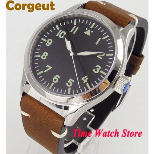 Corgeut 42mm Genuine Miyota 8215 Movement Polished Mens Watch Black Sterile Dial Green Lume Sapphire Glass True Leather Strap