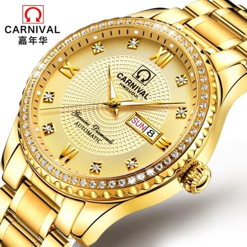 Carnival Men Automatic Watch Golden Color Date Day With Rhinestone Luxury Business Mechanical Watch Gift