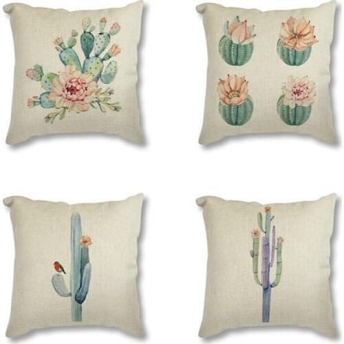 Cactus Decor Linen Cotton Seat Cushion Cover Watercolor Plant Flower Printed Decorative Throw Pillow Case 45x45 Sofa Pillowcase
