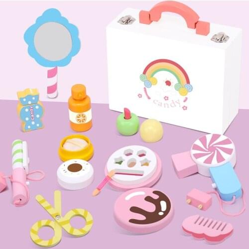 Kids Make Up Wood Play House Toy Set Pretend Toys Princess Pink Makeup Beauty Dressing Cosmetic With Portable Box Girl Gifts
