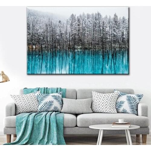 GOODECOR Landscape Canvas Painting Winter Snow Wall Art Blue Lakescape Picture Painting Living Room Decoration