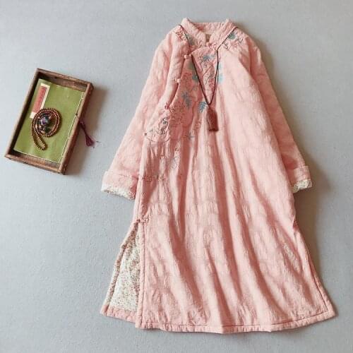 Cotton Linen Women Dress Chinese Embroidery Long Sleeve Floral 2021 Winter Autumn Vintage Warm Cotton Padded Women Robe