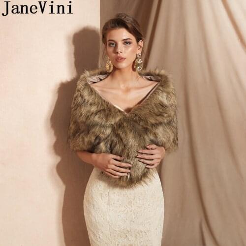 JaneVini 2019 Brown Bolero Hochzeit Winter Wedding Party Dress Cape Adult Faux Fur Shawl Bridal Wraps Fur Shrug Jackets Boleros
