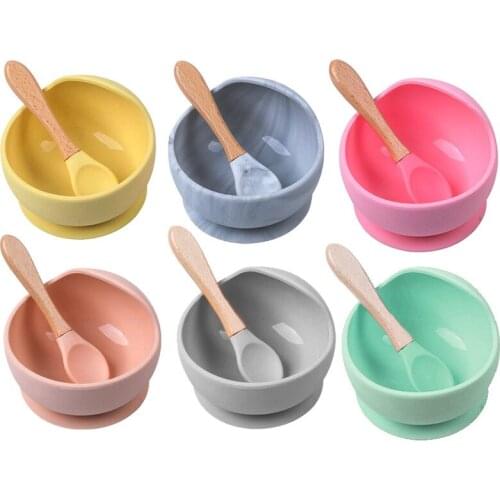 Baby Silicone Bowl Set BPA Free Non-slip Childrens Suction Bowl Wooden Handle Silicone Spoon Food Grade Waterproof Tableware