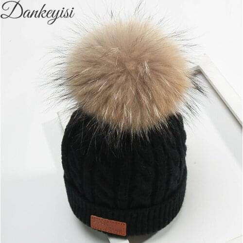DANKEYISI New Children Hat Winter Knitted Beanies Cute Kids Baby Hats Crochet Cap Real Fur Pom Pom Hat Boys Girls Crochet Caps