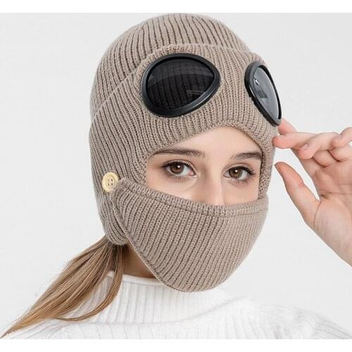 Autumn and Winter warm hat New Aviator Glasses Ear Protection Hat Plus Velvet Warm Wool Hat Knitted Hat with Mask