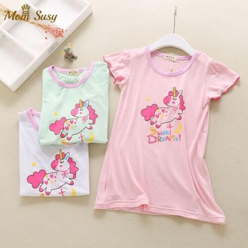 Mom Susy Baby Clothes Modal Cartoon Nightdress Summer Princess Pajamas Dress Unicorn Girls Children Tshirt Dress Sleepwear 2-12Y