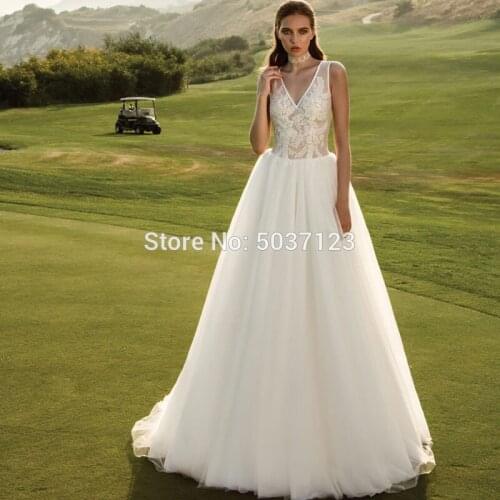 Deep V Neck Wedding Dresses Vestido De Noiva Tulle Sleeveless Buttons Back Illusion Lace Appliques Boho Bridal Gowns Plus Size