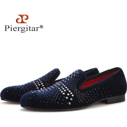 Piergitar 2020 new style men velvet shoes with luxurious rhinestones design prom and banquet mens loafers handmade plus size