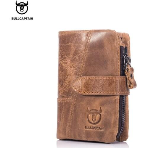 Retro Genuine Leather Men Short Wallet Oil Wax Cowhide Zipper Hasp Multi-function Coin Purse RFID Card Holder Hombres Cartera