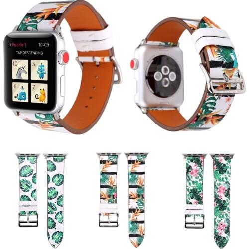 Spring Leave Flower Prints Genuine Leather Band for Apple Watch Strap 38mm 42mm Series 3 2 1 Bracelet Floral Belt