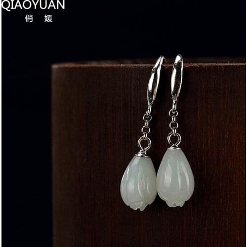 925 Sterling Silver Earings Women Jade Earring Chain Costume Jewelry Wedding Gem Magnolia Flower Real Long Ancient