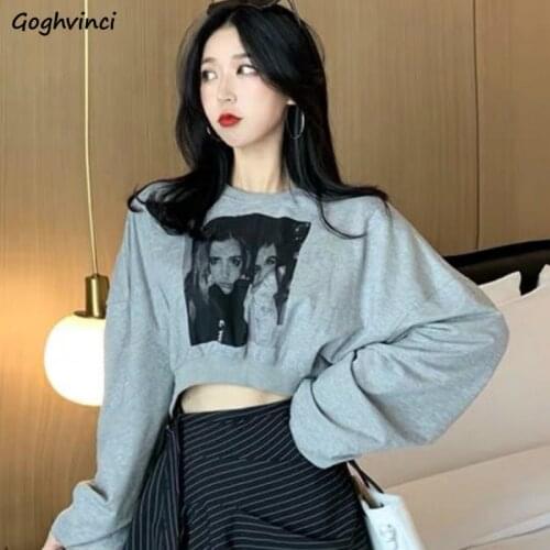 Women No Hat Hoodies Female Crop-tops Laides Sweatshirts Batwing Sleeve Printed Loose Harajuku Ulzzang Fashion All-match Leisure