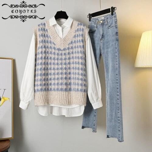 Womens Sets Knitted Sweater Vests Straight Jeans Office Ladies Shirt 3 Pieces Set Plus-size 3XL Simple Fashion All-match