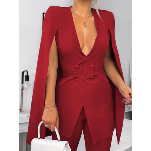 Women Blazer V Neck Cloak Sleeves Office Ladies Notched With Waist Belt Ladies Elegant Classy Summer Korean Work Fashion Clothes