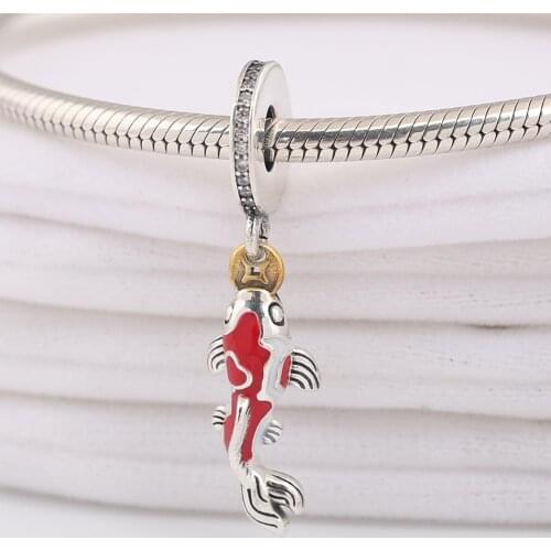 Authentic S925 Silver Enamel Good Fortune Carp With Crystal Pendant Charm for Women Bracelet Bangle DIY Jewelry