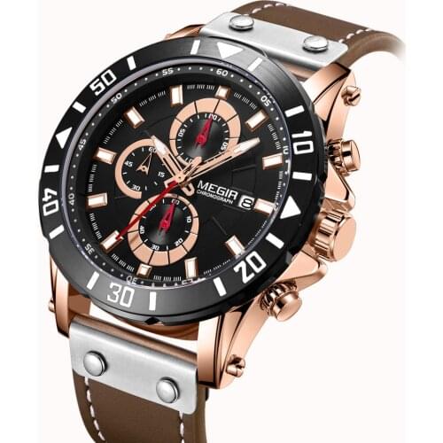 MEGIR Chronograph Mens Watches Top Brand Luxury Leather Sport Quartz Watch Men Clock Wristwatches Relogio Masculino Reloj Hombre