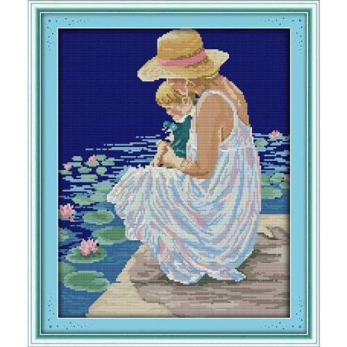 Mother And Son Watching Fish Chinese Cross Stitch Kits Ecological Cotton Stamped Printed 14 11CT DIY Wedding Decoration For Home