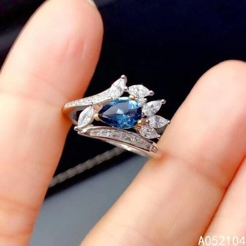 KJJEAXCMY fine jewelry 925 sterling silver inlaid natural London Blue Topaz Womens trendy fashion water drop plant gem ring sup