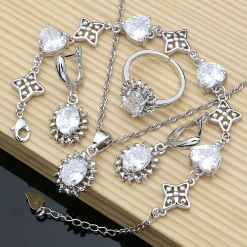 Silver 925 Earrings Jewelry Sets for Women White Birthstone Crystal Charm Wedding Costume Bracelet Necklace Sets 7 Colors