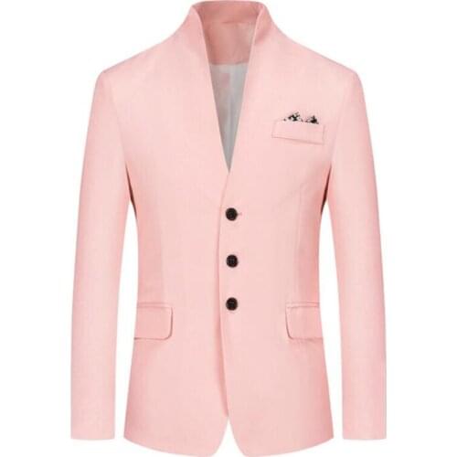 Mens tunic suit blazers plus size korean style fashion veste homme stylé pink slim fit clothes stand collar solid color jacket