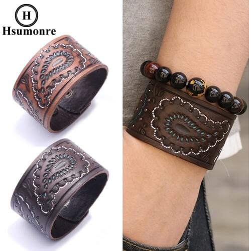 Men Wide Leather Bracelets Flower Printed Retro Genuine Leather Black Brown Wrap Bracelets Snap Button Wristbands Boyfriend Gift