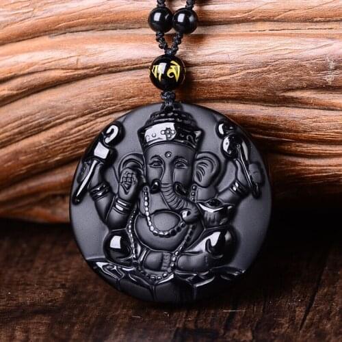 Natural Black Obsidian Elephant God Pendant Beads Necklace Fashion Charm Jewellery Hand-Carved Lucky Amulet Gifts for Women Men