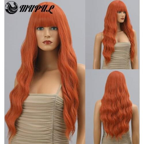 Ombre Orange Long Daily Wave Synthetic Wig With Bangs For White Women Heat Resistant Natural Fiber Hair Cosplay Party Wavy Wigs