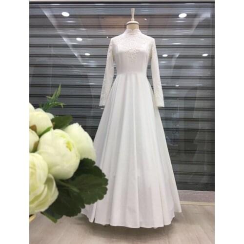 Spandex Appliques Long Sleeve Muslim Prom Dress 2021 High Neckline A Line Saudi Arabic Caftan Evening Formal Party Gowns