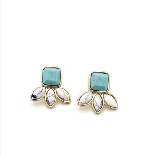 Light Yellow Gold Color Square Shape Green Turquoises Stone Stud Earrings White Howlite Leaf Jewelry