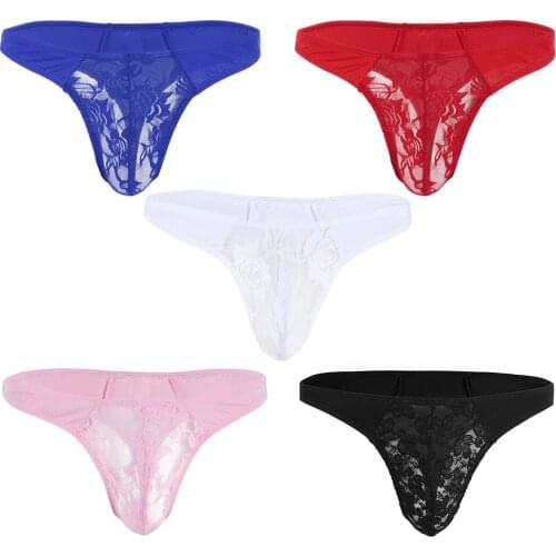 Men See Through Floral Lace Panties Low Rise Bulge Pouch Briefs Sissy Underwear Elastic Waistband G-string Thong Erotic Lingerie