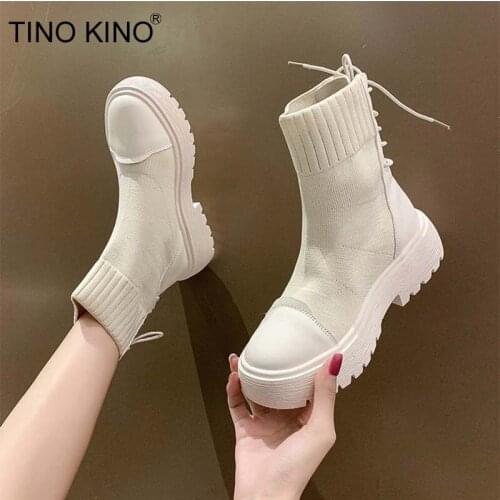 Women Socks Ankle Boots Female Shoes Autumn Winter Lace Up Platform Knitted Non Slip Fashion Ladies Knitted Shoe New 2021