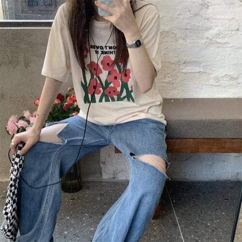 Womens T-shirts Tops Japanese Ulzzangflower Oil Painting Letter Print Loose Tshirt Female Korean Harajuku Clothes For Women